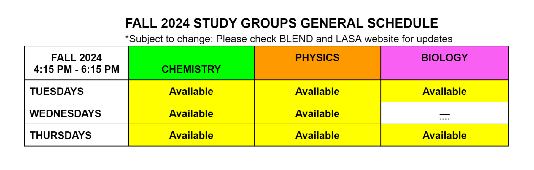 Study Group Schedule as of Sep 5, 2024